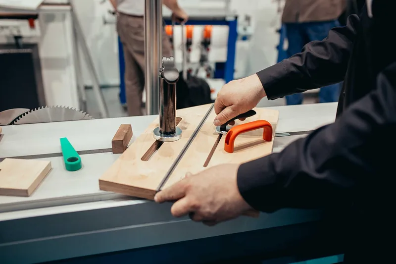 Moderne Formatkreissäge in einer Holzwerkstattansicht, als klares Produktfoto von vorne.