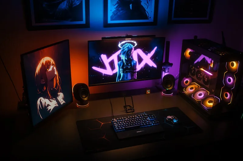 Ein modernes Gaming-Setup mit beleuchteter Tastatur und Monitor, schafft eine intensive Spielatmosphäre.
