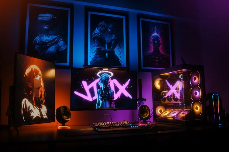 Ein stilvolles Gaming-Setup mit beleuchtetem 4K Gaming Monitor, Tastatur, Maus und atmosphärischer Beleuchtung.