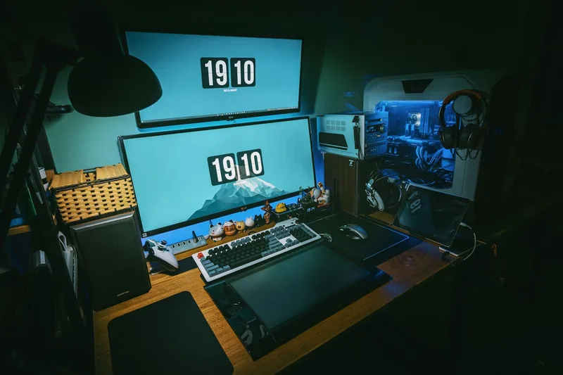Umfangreiches Gaming-Setup mit Gaming-PC, mehreren Monitoren und Peripherie in stilvollem Raum.