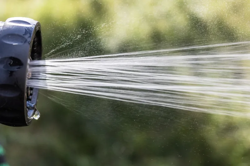 Ein frisch bewässerter, grüner Garten mit Blumenbeeten und glitzernden Wassertropfen auf Blättern.