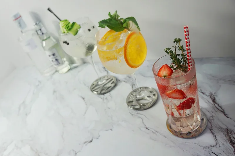 Zwei stilvoll angerichtete Gin-Cocktails mit Eis und Garnitur auf einem dunklen Tisch in entspannter Atmosphäre.