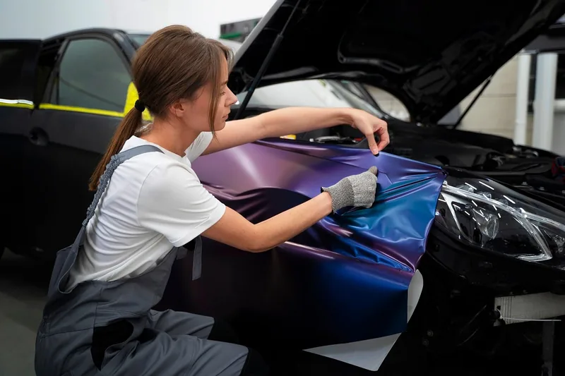 Eine Person wechselt eine H1-Birne im Scheinwerfer eines Autos, Hand ist sichtbar.