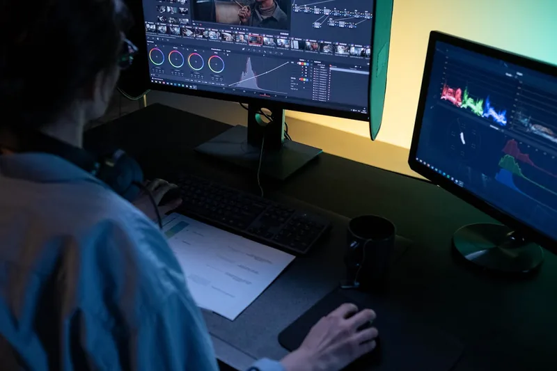 Eine Person bearbeitet Fotos an einem HDR-Monitor, der lebendige Grafiken in einem modernen Arbeitsbereich darstellt.