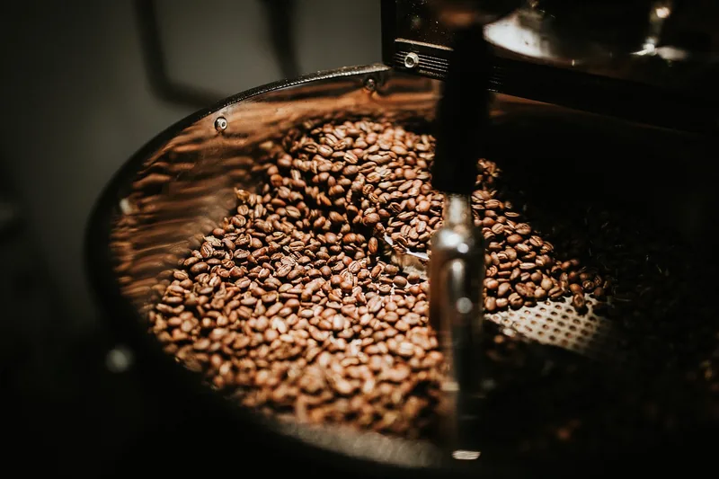 Nahaufnahme des Kaffeemahlwerks einer Kaffeemaschine mit ganzen Kaffeebohnen.