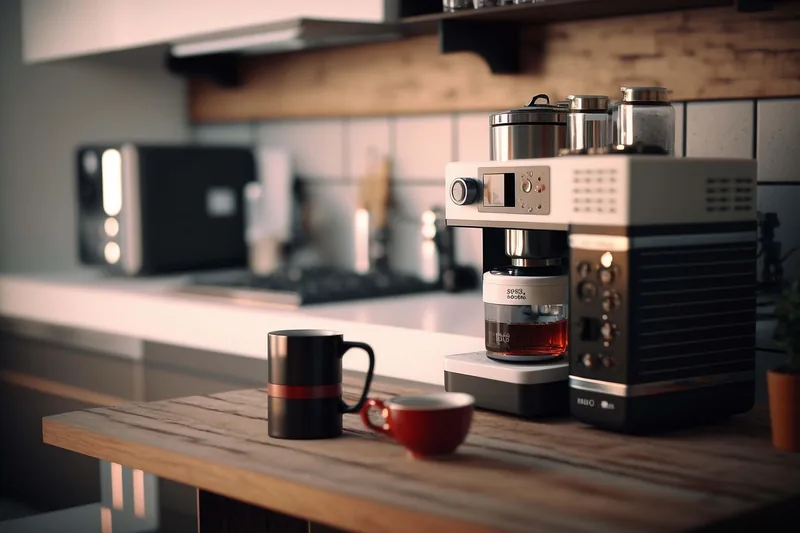 Moderne Filterkaffeemaschine mit integrierter Thermoskanne auf neutralem Hintergrund.