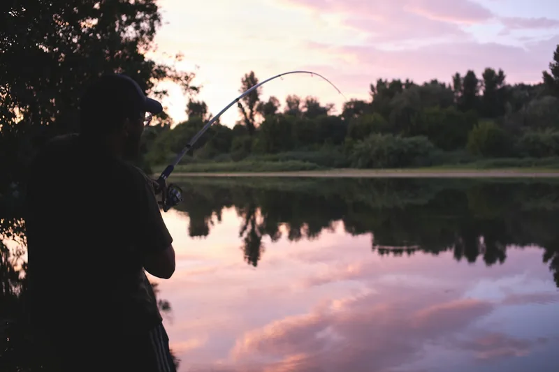 Ein Angler wirft eine Karpfenrute gekonnt an einem ruhigen See aus, fokussiert auf den Wurf.