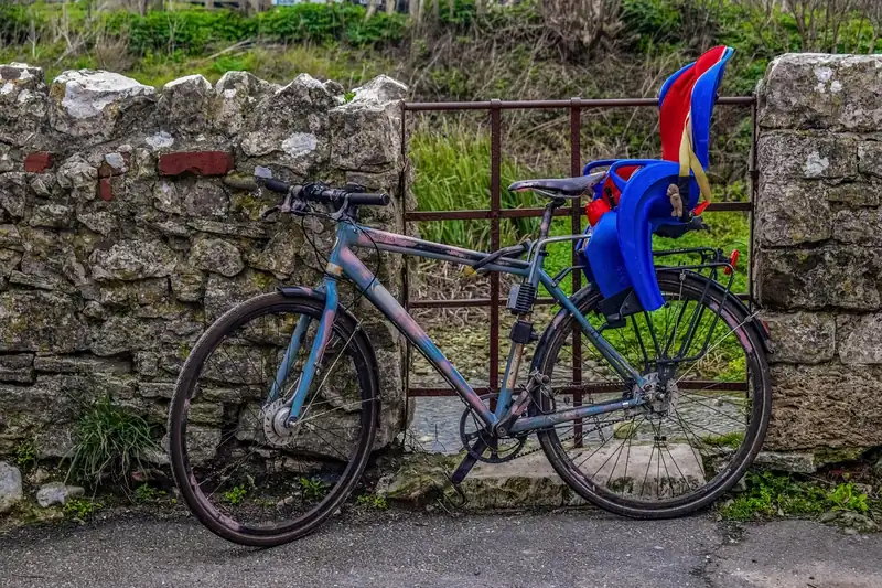 Eine glückliche Familie auf einer gemeinsamen Fahrradtour, das Kind sicher im Kinderfahrradsitz genießt die Fahrt.