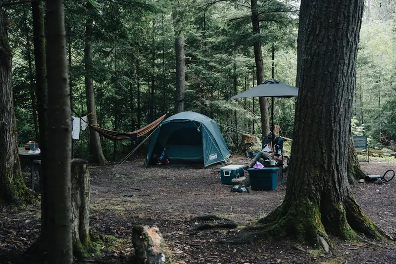 Eine atmosphärische Campingszene im Wald, mit Outdoor-Ausrüstung und einer dezent platzierten Klappsäge.