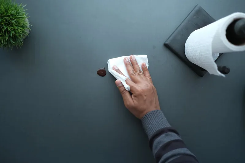 Eine Hand zieht ein Blatt Küchenrolle von einem praktischen freistehenden Halter ab.