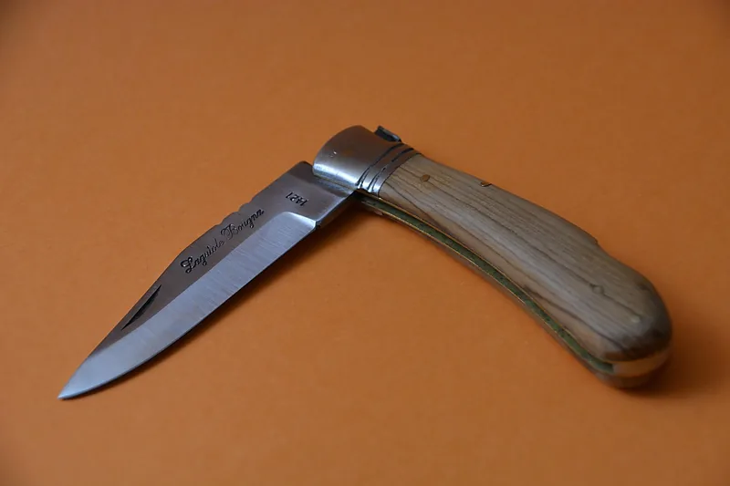 Eine Hand schneidet mit einem Laguiole-Steakmesser ein Stück Fleisch auf einem Teller, während eines feinen Essens.