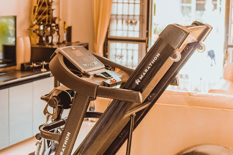Ein modernes Laufband harmonisch integriert in ein stilvolles Home-Gym mit weiteren Fitnessgeräten und Pflanzen.