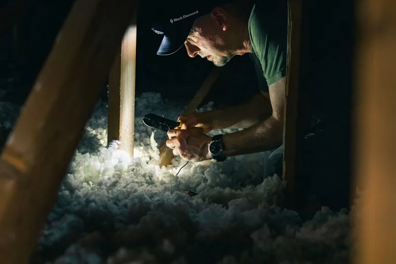 Ein Handwerker beleuchtet mit einem mobilen LED-Baustrahler eine dunkle Ecke auf der Baustelle.