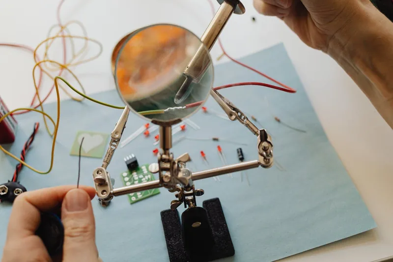 Eine gut organisierte Elektronik-Werkbank mit verschiedenen Werkzeugen und fertigen Lötprojekten im Hintergrund.