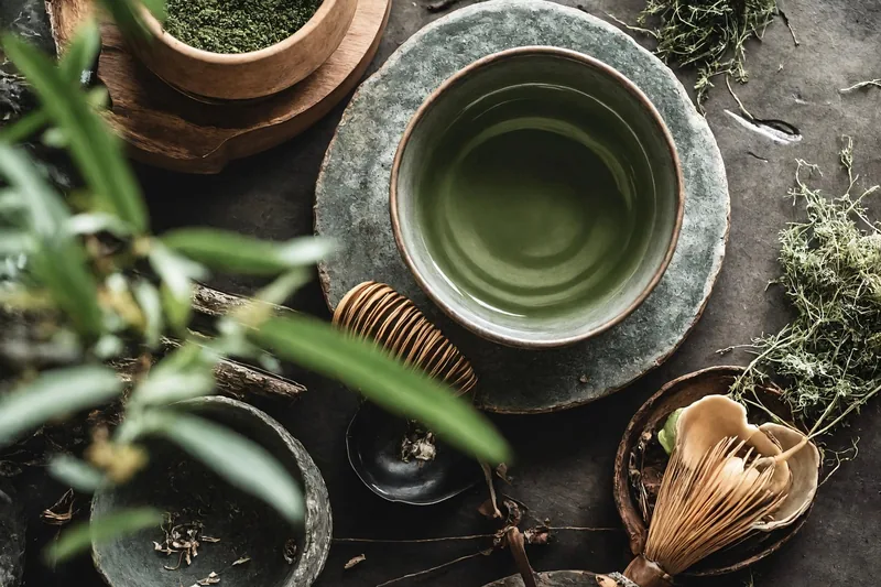 Eine Szene der Ruhe und des Genusses, mit einer Tasse frischem Matcha-Tee in einem minimalistischen, hellen Raum, der zur Entspannung einlädt.