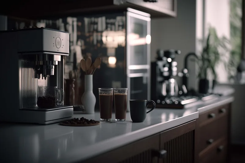 Gemütliche Küchenszene mit einem Kaffeevollautomaten und dampfendem Kaffee im Vordergrund.