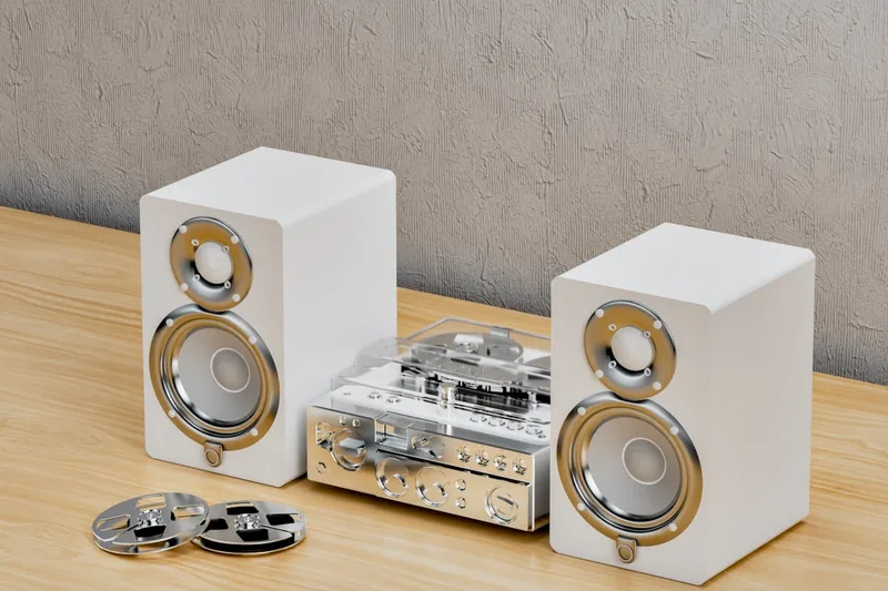 Eine moderne Microanlage mit CD-Player, Radio und Bluetooth-Funktion, neutral und elegant inszeniert.