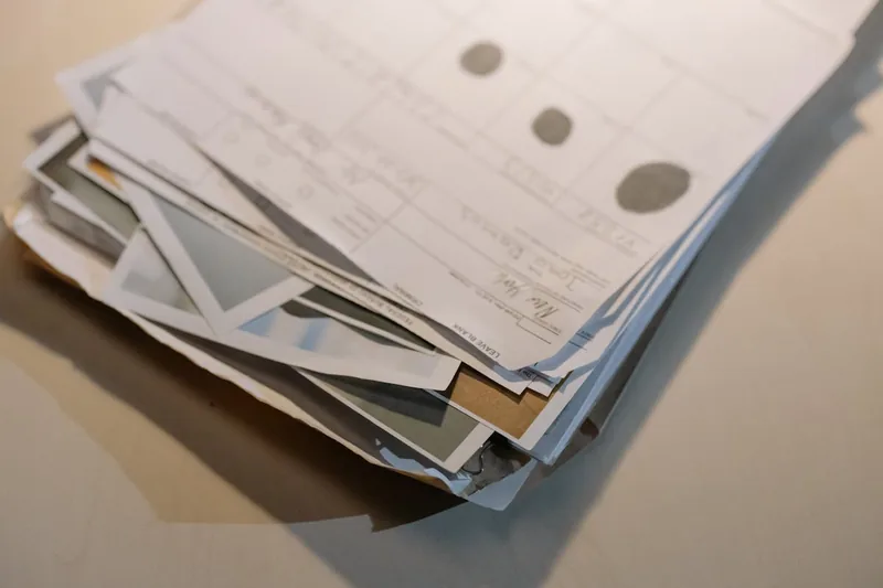 Stapel von frisch gedruckten Endlosformularen aus einem Nadeldrucker in einem Bürokontext.