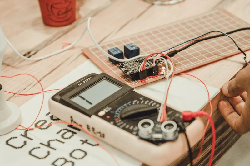 Eine Person misst mit einem Digitalmultimeter eine elektronische Platine, fokussiert auf präzise Ablesungen.