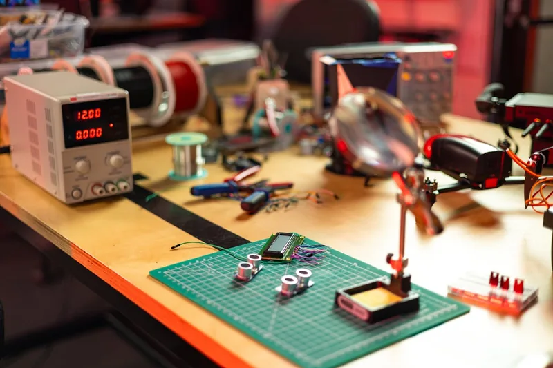 Arbeitsplatz eines Elektronikers mit verschiedenen Werkzeugen und Geräten, die eine professionelle Umgebung darstellen.