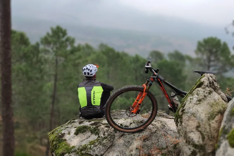 Mountainbike-Helm, Trinkflasche und Protektor-Rucksack am Ende eines sonnigen Trails.