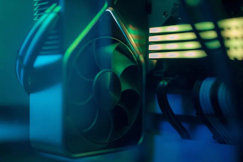 Nahaufnahme der Lüfterblätter eines RGB-Lüfters, die Struktur und die integrierten LEDs zeigen.