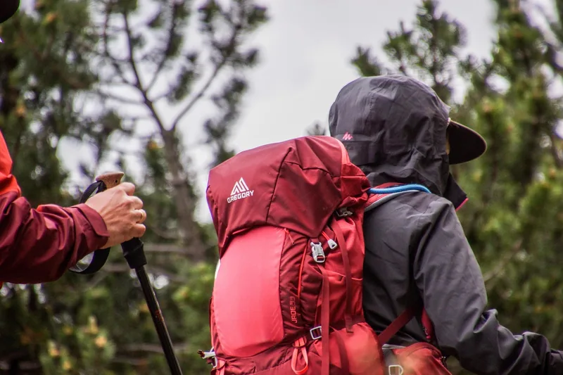 Eine Person trägt einen 25-30 Liter Wanderrucksack auf einem Bergpfad, Tragesystem ist sichtbar.