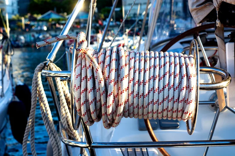 Hochwertiges, sauber aufgerolltes Schiffstau, bereit für den maritimen Einsatz an Bord eines Bootes.