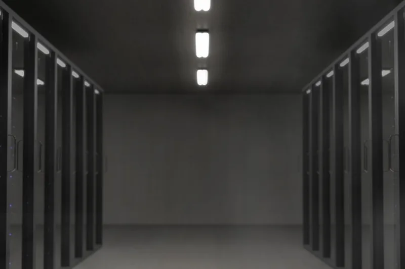 Hochwertiger, leerer Serverschrank im Vordergrund, bereit für die Installation von IT-Hardware.