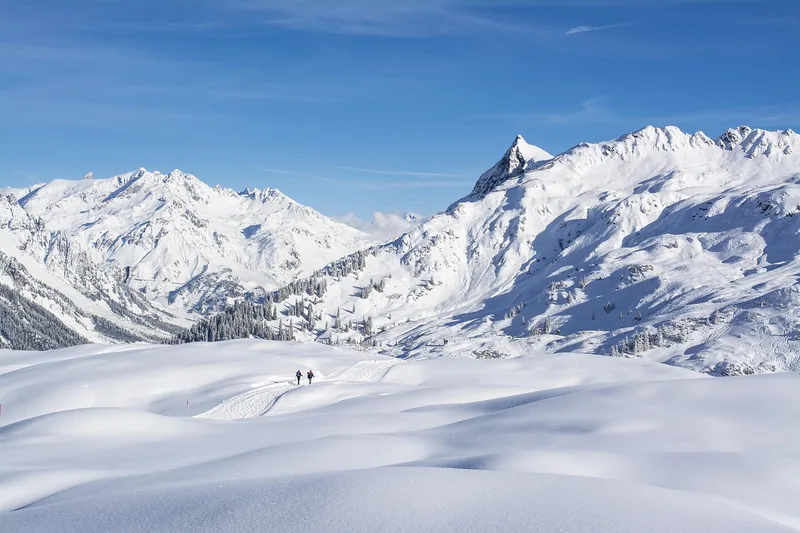 Perfekt gewachste Ski stehen im frischen Schnee vor einer malerischen Berglandschaft.
