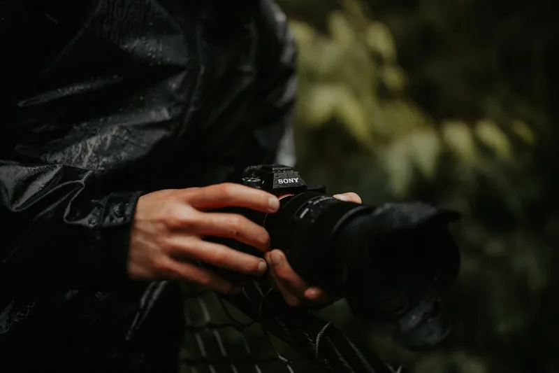 Eine Person hält eine Systemkamera und fotografiert konzentriert in der Natur, fokussiert auf ein Motiv.