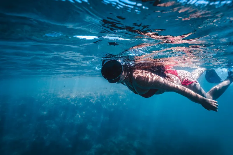 Eine Person, die eine Tauchmaske trägt und gespannt ins klare Meerwasser blickt, bereit zum Tauchen.