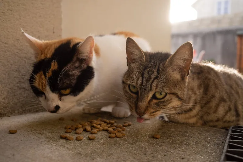 Eine zufriedene Katze genießt ihr getreidefreies Trockenfutter in einer gemütlichen häuslichen Umgebung.