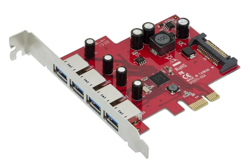 Detaillierte Ansicht der USB-Anschlüsse und des PCI-Steckers einer USB-PCI-Karte für Computer-Hardware.