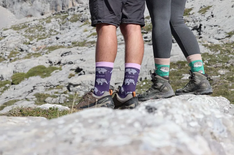 Nahaufnahme von zwei Paar Wandersocken, gefaltet und ohne Ablenkung auf hellem Hintergrund.