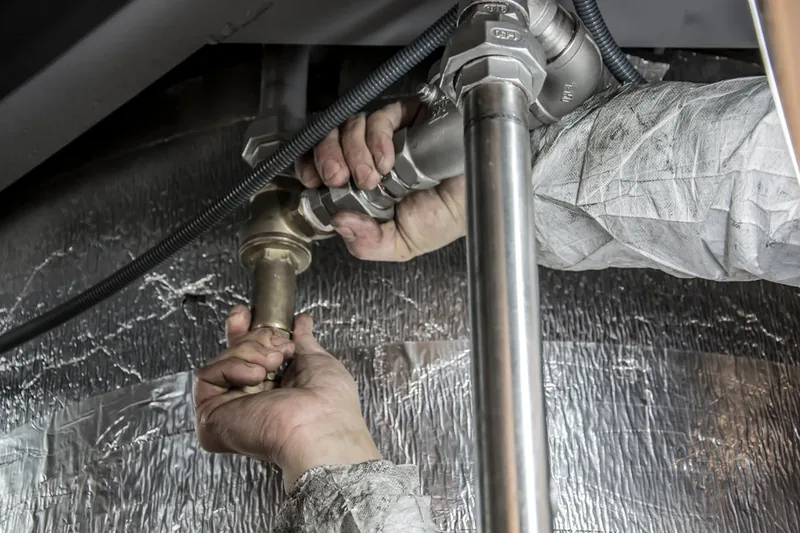 Eine Hand hält eine Wasserpumpenzange fest an einem Metallrohr, bei Installationsarbeiten.