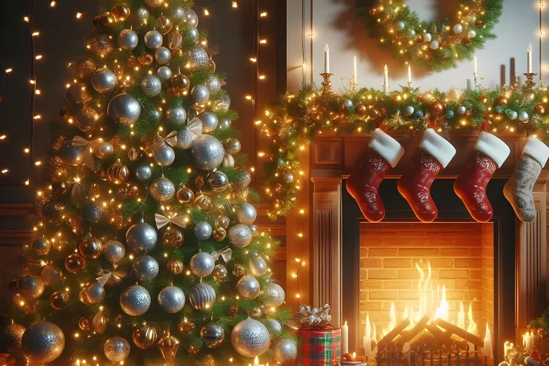 Ein festlich geschmückter Weihnachtsbaum mit glänzenden Weihnachtskugeln in einem gemütlichen Wohnzimmer.