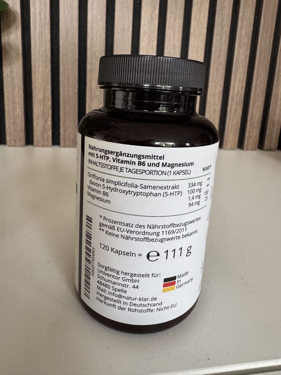 Nährwerttabelle je Tagesportion mit 100 mg 5-HTP, Vitamin B6 und Magnesium