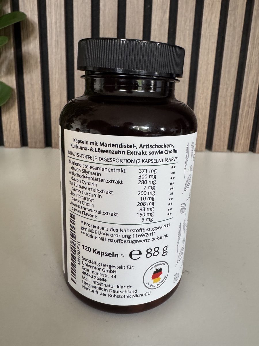 Nährwerttabelle des Naturklar Leber Plus mit Mariendistel, Artischocke, Kurkuma, Cholin und Löwenzahn