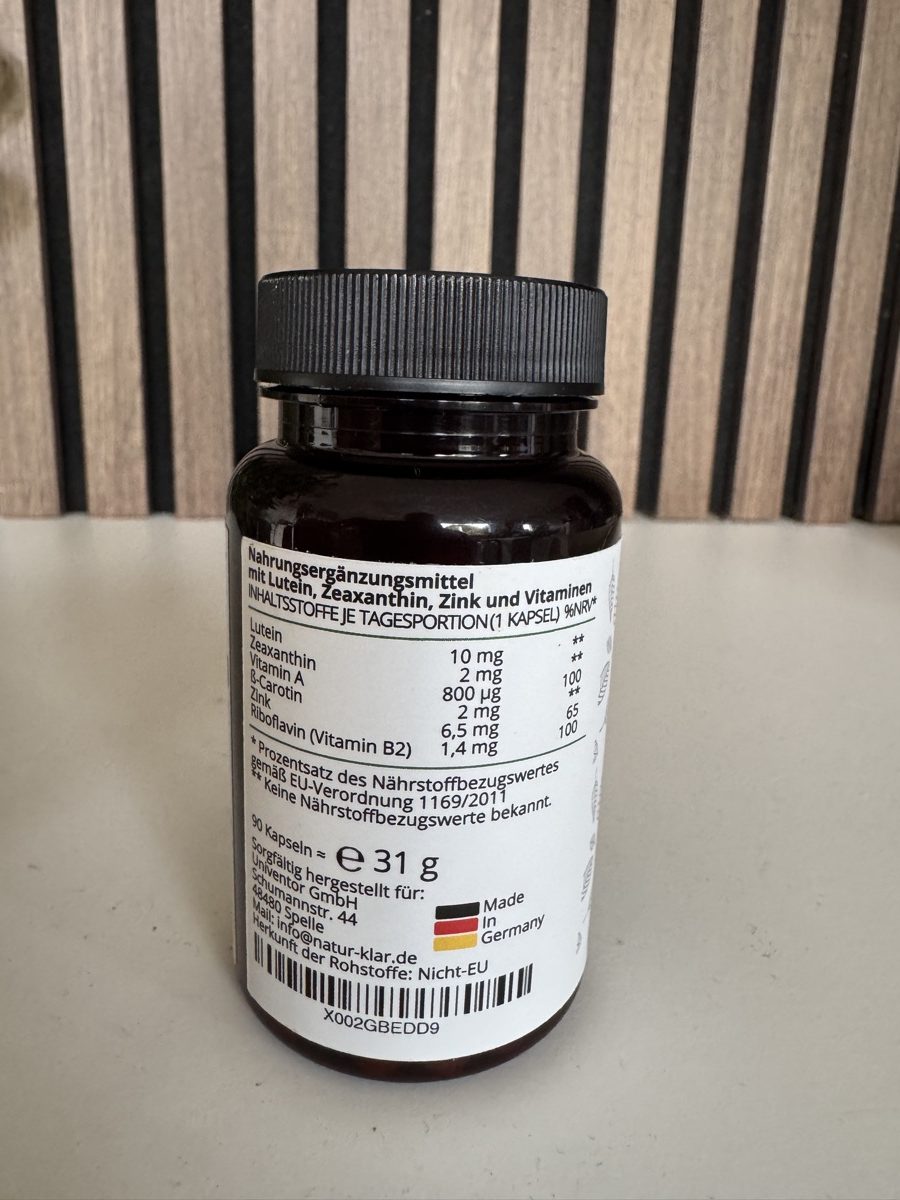Nährwerttabelle mit 10 mg Lutein, 2 mg Zeaxanthin, Vitamin A, ß-Carotin, Zink und Riboflavin